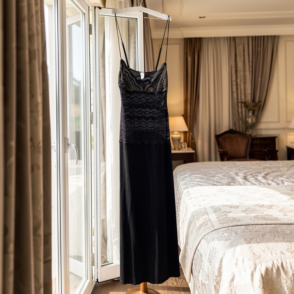 Vtg COSABELLA Black Lace Dress Chemise Nightie Night Gown Cocktail Maxi Dress S